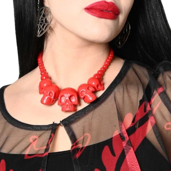 Red Chunky Skull Collection Resin Necklace Gothic Punk NWT - Picture 2 of 4